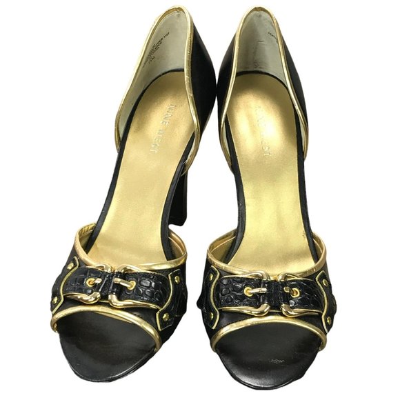 Nine West Women Shoes Black Gold Leather Peep Toe Pumps Heels US Size 7.5 7.5M - Picture 4 of 12
